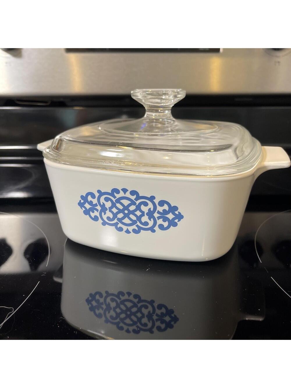 Vintage Blue Macrame Shell Oil Promo Corningware 1.5 Qt  A-1 1/2-11